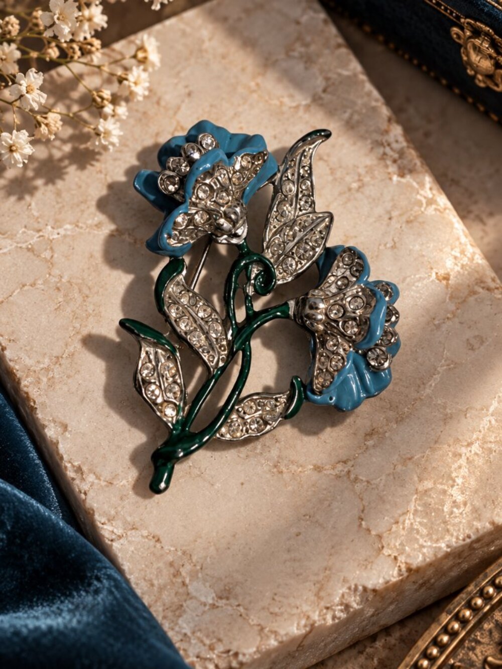 Vintage Enamel & Rhinestone Floral Brooch Pin Blue Green Flower Spray